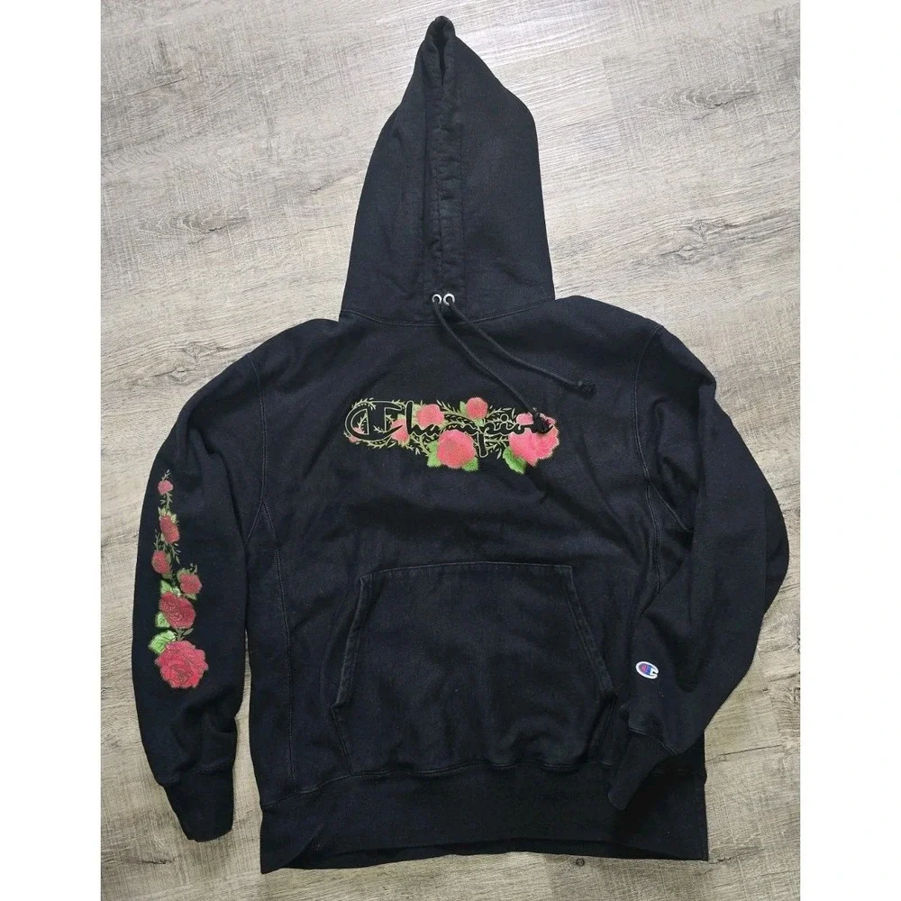 Champion Reverse Weave Rose Graphic Hoodie Black Oversized Large Y2K era